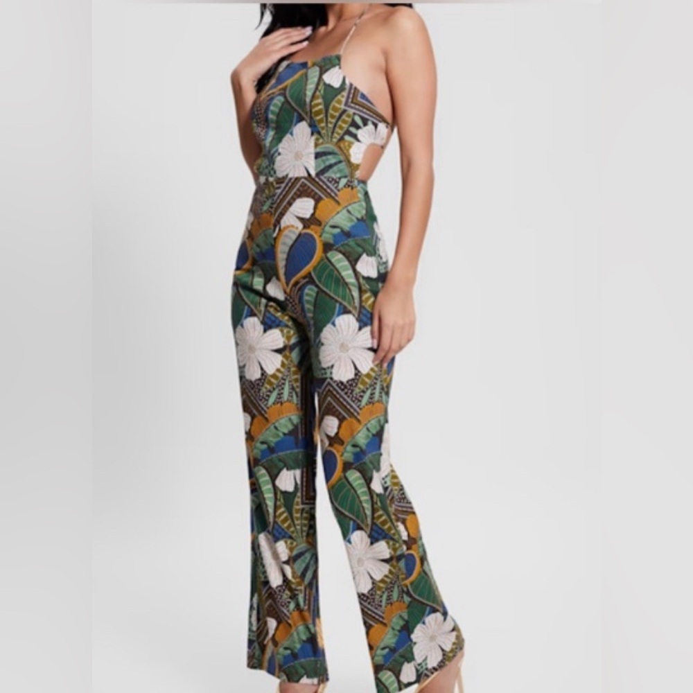 Guess Lori open back tropical jumpsuit.